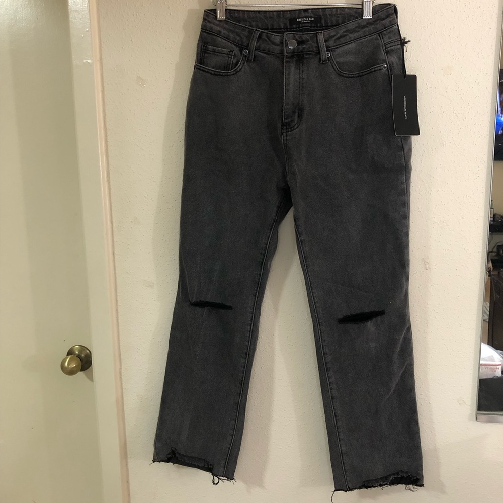 American BAZI Womens High Rise Distressed Black Jeans SZ 11 Ribbed Straight Leg